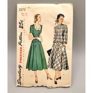 Simplicity 1940s Sewing Pattern Suit Dress Detachable Collar #2373 Size 16 UNCUT